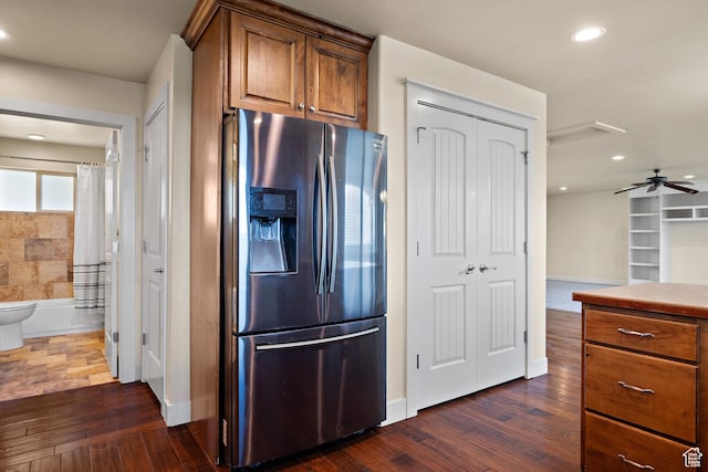 9096 N Canyon Rd, Cedar Hills, UT 84062 - kitchen featuring stainless steel fridge with ice dispenser, dark wood-style flooring, brown cabinetry, recessed lighting, and ceiling fan