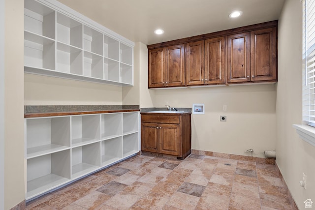 9096 N Canyon Rd, Cedar Hills, UT 84062 - washroom featuring hookup for an electric dryer, cabinet space, light stone finish floors, washer hookup, and recessed lighting