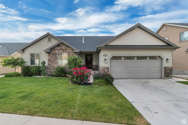 1602 S 790 W, Payson, UT 84651 - view of front of property with stone siding, an attached garage, driveway, stucco siding, and a front lawn