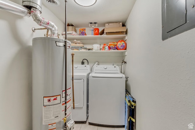 41 S 200 E, Santaquin, UT 84655 - laundry room featuring electric panel, water heater, independent washer and dryer, and light tile patterned flooring