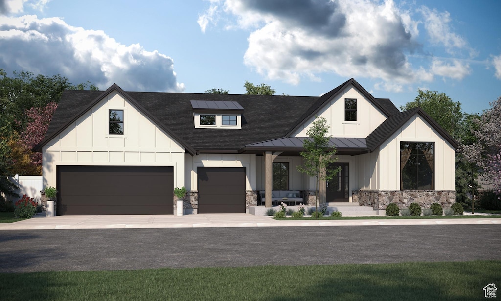 131 W 25 N Unit 4, Farmington, UT 84025 - modern farmhouse featuring a standing seam roof, board and batten siding, a metal roof, stone siding, and an attached garage