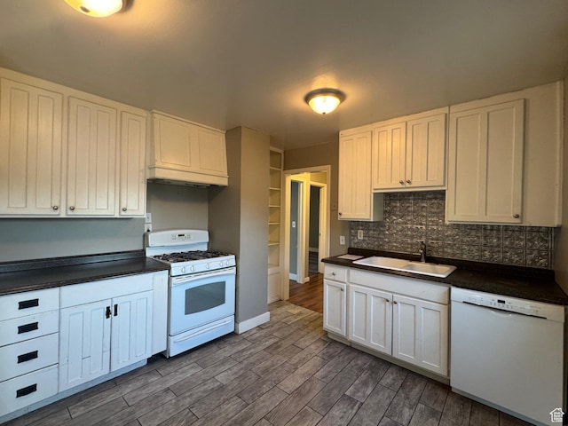 1704 W 50 N, Provo, UT 84601 - kitchen with white appliances, dark countertops, dark wood-style floors, and white cabinets