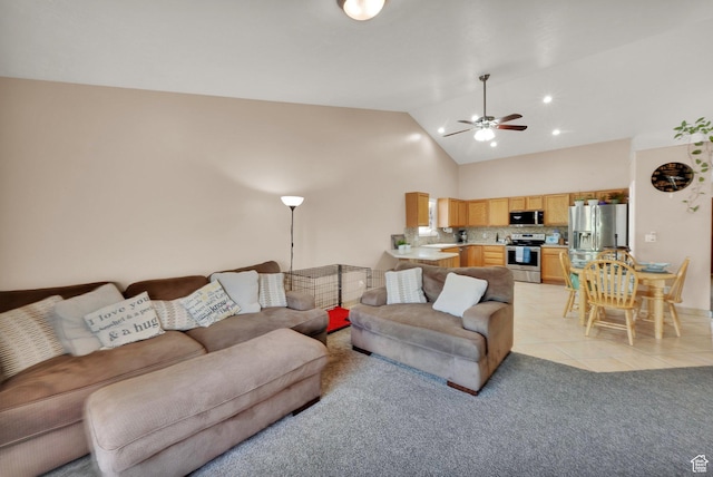 2017 E Lodge Pole Dr, Eagle Mountain, UT 84005 - living area featuring ceiling fan, light tile patterned flooring, and high vaulted ceiling