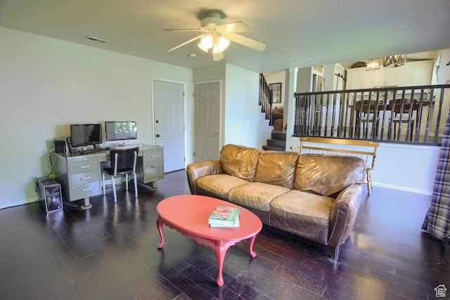 1657 N Lewis And Clark Dr, Centerville, UT 84014 - living room featuring wood finished floors, a ceiling fan, an office area, and stairway