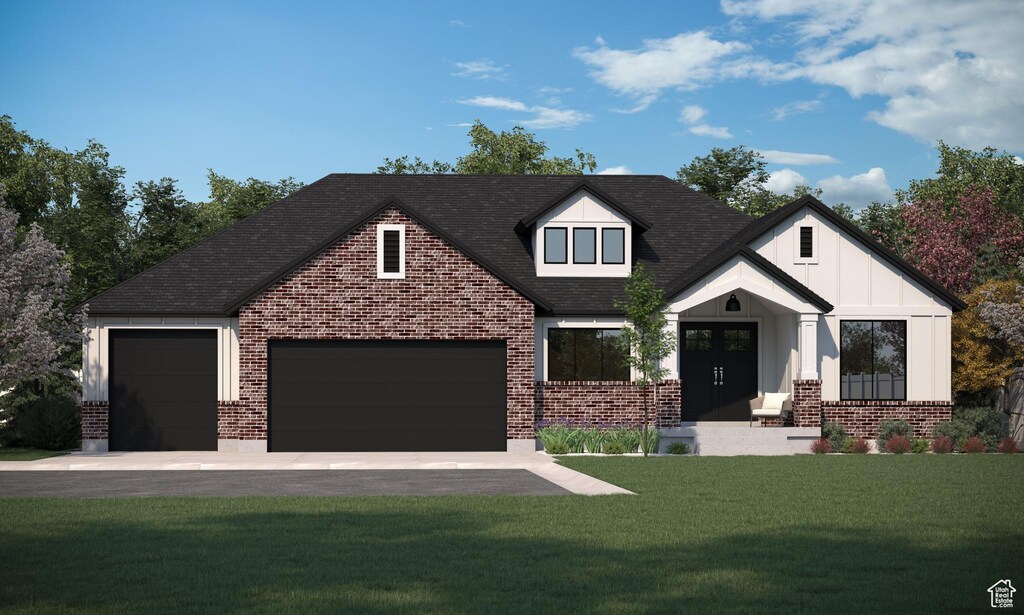 147 W 25 N Unit 5, Farmington, UT 84025 - view of front of house featuring a garage, a front yard, brick siding, board and batten siding, and concrete driveway