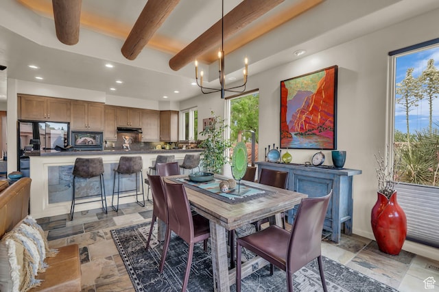 2255 Tuweap Dr N Unit 54, St George, UT 84770 - dining area featuring beam ceiling, recessed lighting, a chandelier, and light stone finish flooring