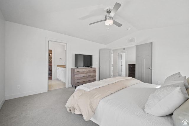 3712 E Long Ridge Dr Unit 124, Eagle Mountain, UT 84005 - bedroom with light colored carpet, lofted ceiling, ensuite bathroom, and ceiling fan