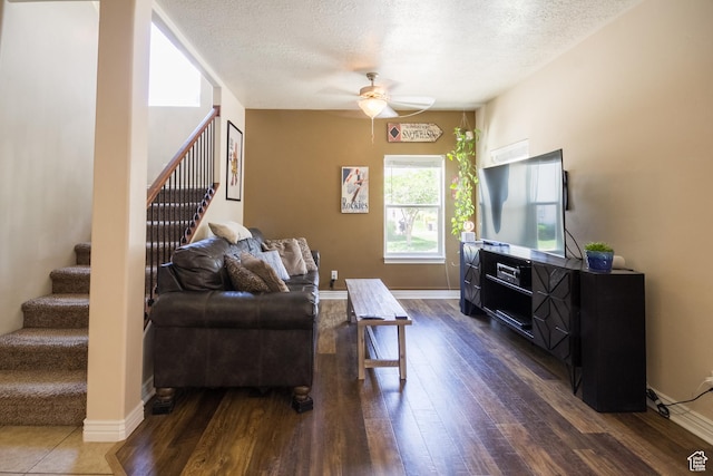 357 E 535 S, Vernal, UT 84078 - living area featuring stairs, a ceiling fan, a textured ceiling, and dark wood-style flooring