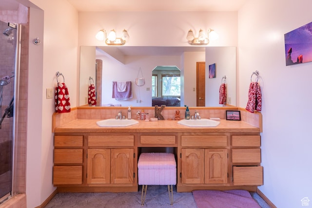 4163 S Beeman Rd, Moab, UT 84532 - ensuite bathroom with a stall shower, double vanity, and tasteful backsplash