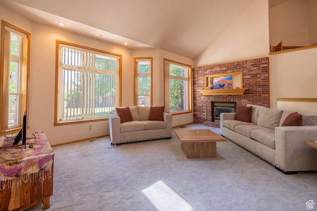 4163 S Beeman Rd, Moab, UT 84532 - carpeted living room with a brick fireplace, recessed lighting, and vaulted ceiling