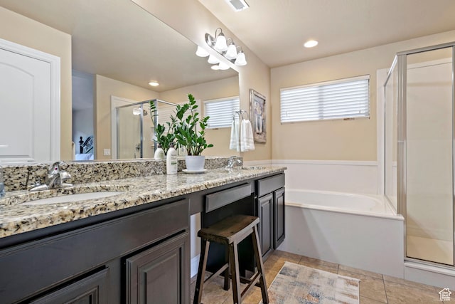 6284 Oak Ridge Ln, Mountain Green, UT 84050 - bathroom with a shower stall, double vanity, a garden tub, and recessed lighting