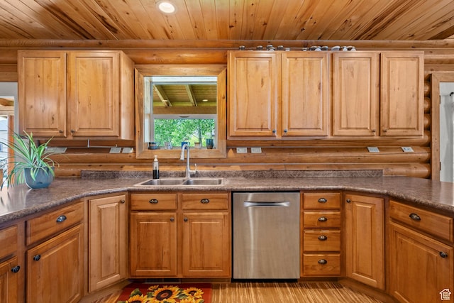 265 S 400 E, Centerfield, UT 84622 - kitchen with log walls, dishwasher, wood ceiling, dark countertops, and light wood-type flooring