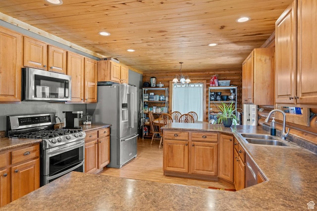 265 S 400 E, Centerfield, UT 84622 - kitchen featuring stainless steel appliances, wood ceiling, recessed lighting, light wood-type flooring, and a chandelier
