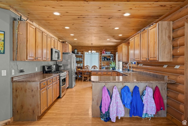265 S 400 E, Centerfield, UT 84622 - kitchen featuring log walls, stainless steel appliances, wood ceiling, recessed lighting, and light wood finished floors