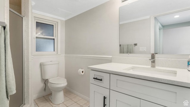 2550 W Lolene Cir, Taylorsville, UT 84129 - bathroom featuring vanity, tile patterned flooring, a shower stall, ornamental molding, and recessed lighting