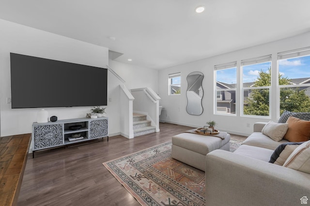 5124 W Stockfield Ln, Herriman, UT 84096 - living area with stairs, wood finished floors, and recessed lighting