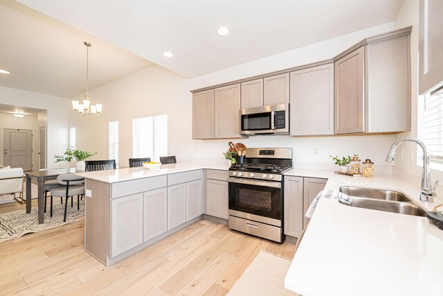 425 W Domain Ln, Grantsville, UT 84029 - kitchen with stainless steel appliances, a peninsula, recessed lighting, light countertops, and a chandelier