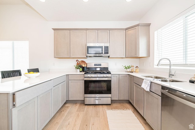 425 W Domain Ln, Grantsville, UT 84029 - kitchen featuring stainless steel appliances, a peninsula, light wood finished floors, light countertops, and recessed lighting