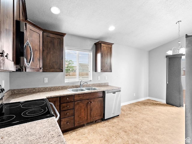 517 E 1140 S, Roosevelt, UT 84066 - kitchen with stainless steel appliances, a textured ceiling, dark brown cabinetry, light countertops, and a chandelier