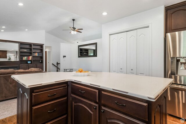 5077 W 11000 N, Highland, UT 84003 - kitchen with stainless steel fridge, ceiling fan, light countertops, light wood-style floors, and lofted ceiling