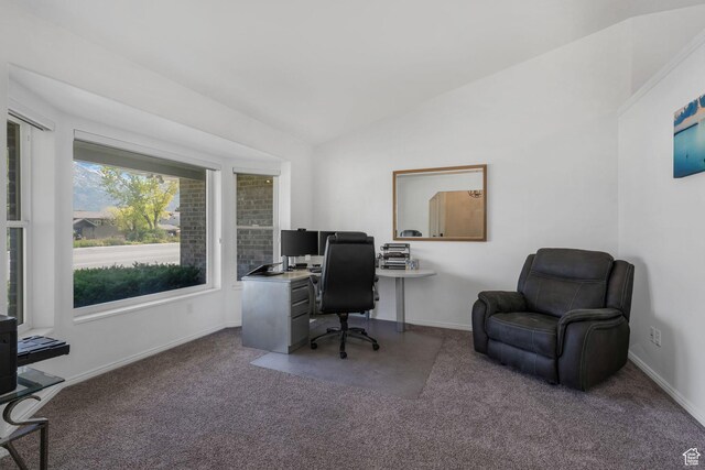 5077 W 11000 N, Highland, UT 84003 - carpeted home office featuring vaulted ceiling and baseboards