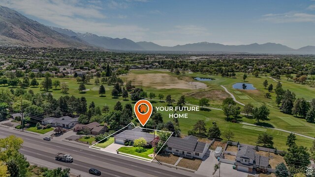 5077 W 11000 N, Highland, UT 84003 - aerial perspective of suburban area with a water and mountain view, property parcel outlined, and a golf club