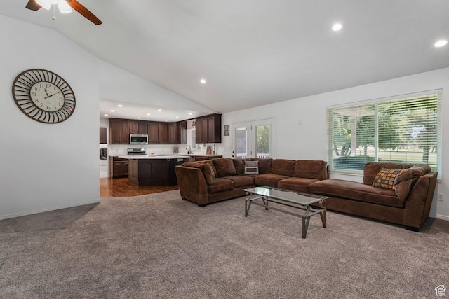 5077 W 11000 N, Highland, UT 84003 - living area with carpet flooring, recessed lighting, ceiling fan, and high vaulted ceiling