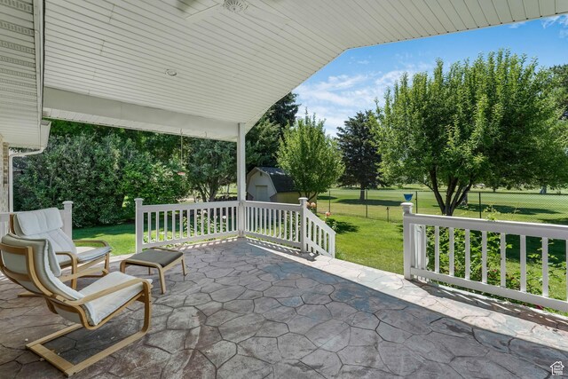 5077 W 11000 N, Highland, UT 84003 - view of patio / terrace with a shed