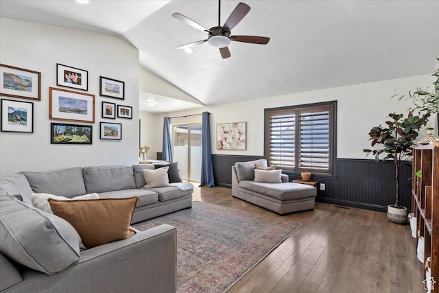 1025 N Apple Seed Ln, Santaquin, UT 84655 - living area with a wainscoted wall, vaulted ceiling, a ceiling fan, and hardwood / wood-style floors