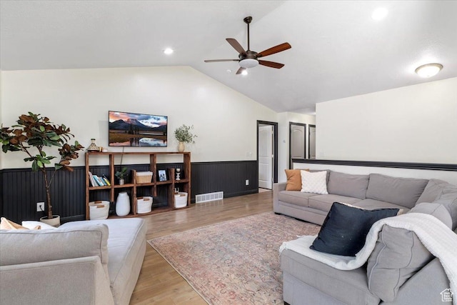 1025 N Apple Seed Ln, Santaquin, UT 84655 - living area with wainscoting, a ceiling fan, lofted ceiling, light wood finished floors, and recessed lighting