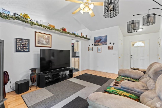 868 E Valley View Dr N, Tooele, UT 84074 - living room featuring light wood-type flooring, lofted ceiling, and a ceiling fan