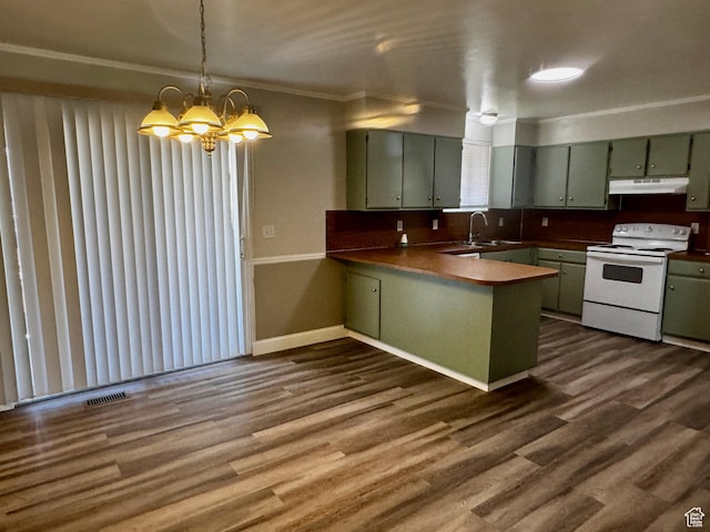 7026 S Wood Green Rd, West Jordan, UT 84084 - kitchen with under cabinet range hood, white electric range oven, green cabinetry, a peninsula, and crown molding