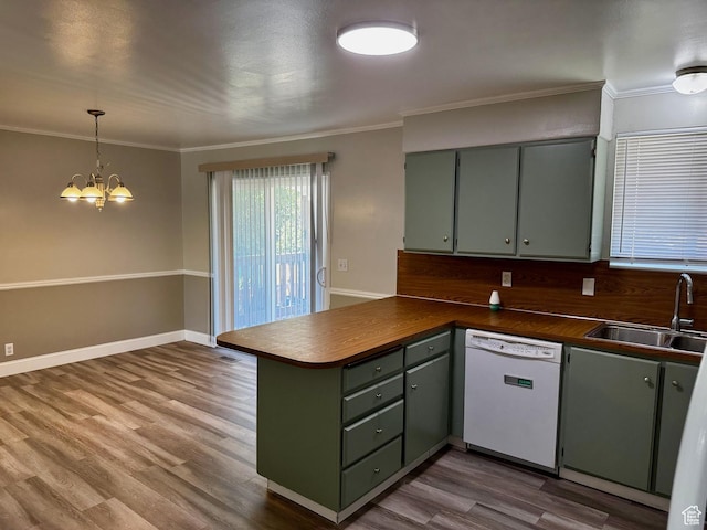 7026 S Wood Green Rd, West Jordan, UT 84084 - kitchen featuring dishwasher, a peninsula, green cabinets, a chandelier, and wood finished floors