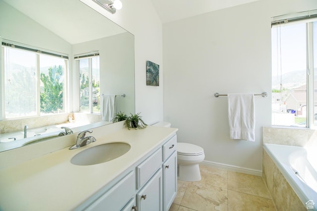 1536 N 150 W, Bountiful, UT 84010 - bathroom with vanity, a garden tub, lofted ceiling, and tile patterned flooring