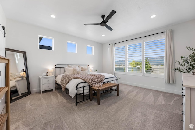 10243 S Dial Ct, South Jordan, UT 84009 - bedroom featuring light carpet, recessed lighting, and ceiling fan