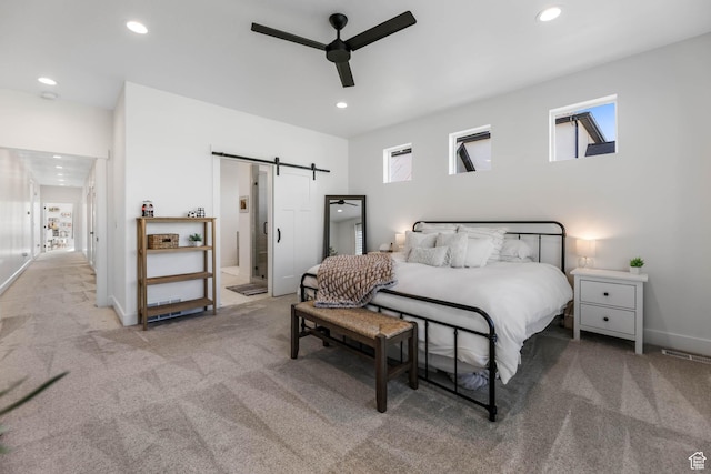 10243 S Dial Ct, South Jordan, UT 84009 - bedroom with a barn door, carpet floors, recessed lighting, ceiling fan, and connected bathroom