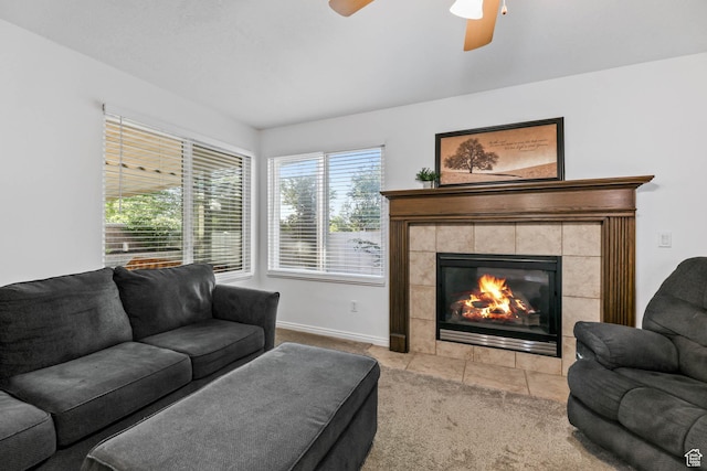 10314 S 3970 W, South Jordan, UT 84009 - living room featuring a fireplace, ceiling fan, and carpet