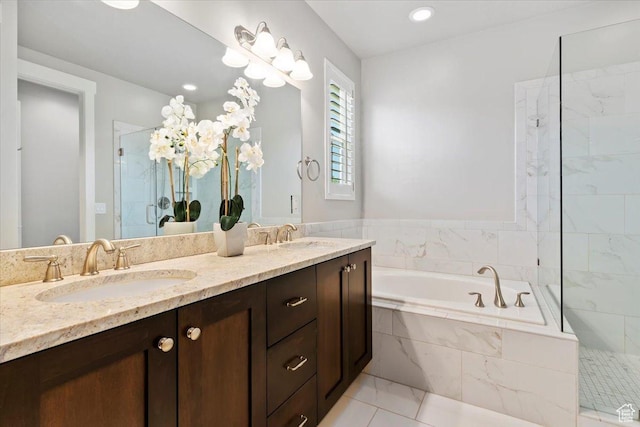 12140 S Galena Grove Way W, Draper, UT 84020 - bathroom with a bath, double vanity, a tile shower, and tile patterned flooring
