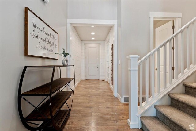 12140 S Galena Grove Way W, Draper, UT 84020 - hall with wood finished floors, stairway, and recessed lighting