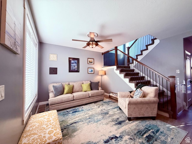 12887 S Wild Mare Way, Riverton, UT 84096 - living area with stairway, ceiling fan, and wood finished floors