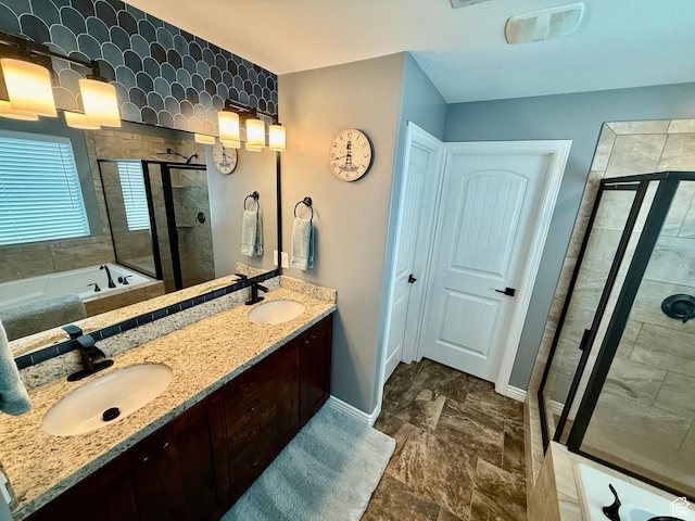 12887 S Wild Mare Way, Riverton, UT 84096 - bathroom featuring a shower stall, a bath, double vanity, and marble look tile flooring