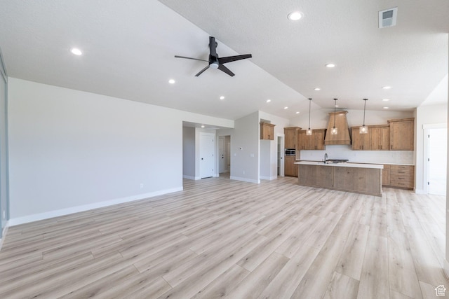 2864 N 3475 W, Plain City, UT 84404 - unfurnished living room with a ceiling fan, lofted ceiling, recessed lighting, and light wood finished floors