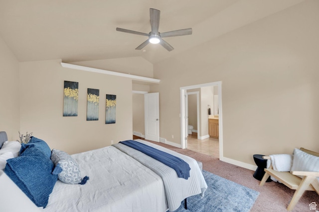 356 Warley Way, Stansbury Park, UT 84074 - bedroom featuring lofted ceiling, light carpet, ceiling fan, and connected bathroom