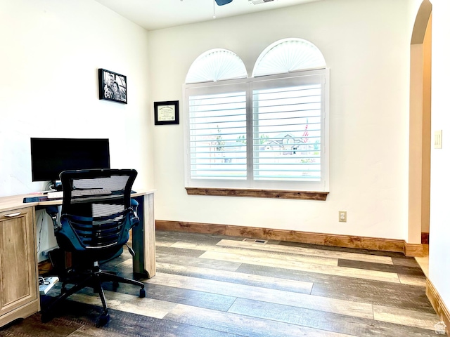 620 S Michael St, Vernal, UT 84078 - office space featuring arched walkways, dark wood-type flooring, and ceiling fan