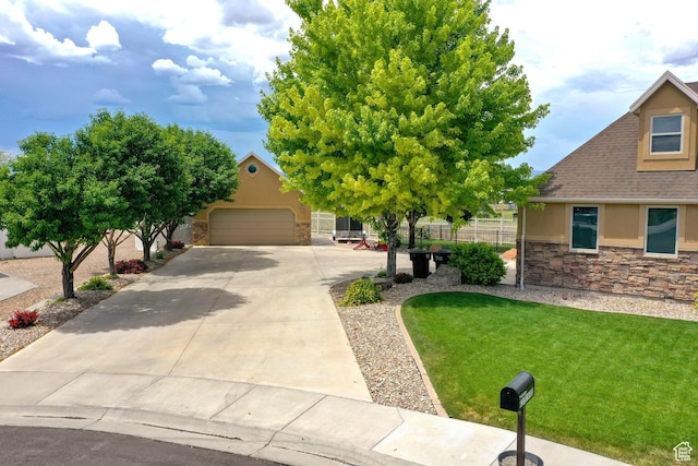 620 S Michael St, Vernal, UT 84078 - view of property hidden behind natural elements featuring stone siding, stucco siding, driveway, and a shingled roof