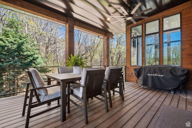 8960 Parleys Ln, Park City, UT 84098 - wooden terrace with a ceiling fan, area for grilling, and outdoor dining area
