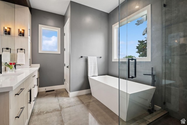 8960 Parleys Ln, Park City, UT 84098 - bathroom featuring double vanity, a freestanding bath, and an enclosed shower