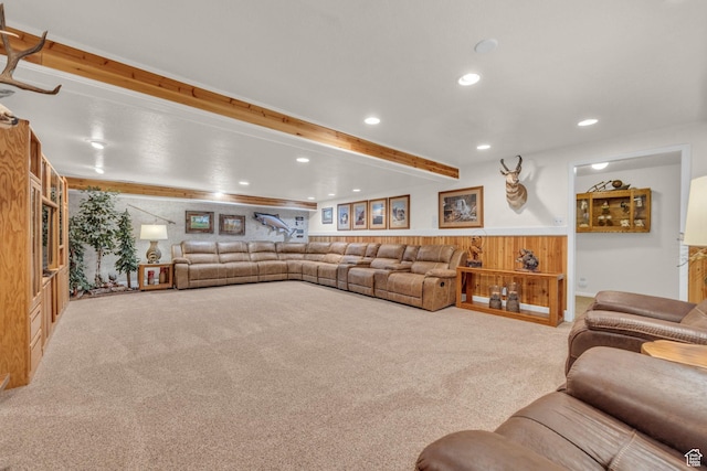 315 E Oak Ln, Kaysville, UT 84037 - living area featuring carpet, recessed lighting, beam ceiling, a wainscoted wall, and wood walls