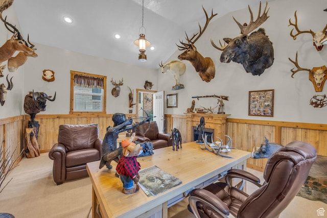 315 E Oak Ln, Kaysville, UT 84037 - carpeted office featuring wainscoting, wood walls, recessed lighting, and lofted ceiling