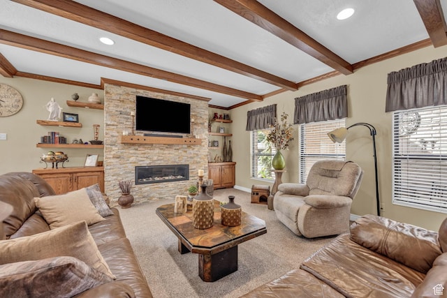 315 E Oak Ln, Kaysville, UT 84037 - carpeted living area featuring beamed ceiling, crown molding, a stone fireplace, and recessed lighting